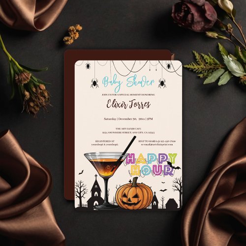 Halloween Happy Hour Pumpkin Cocktail Baby Shower Invitation