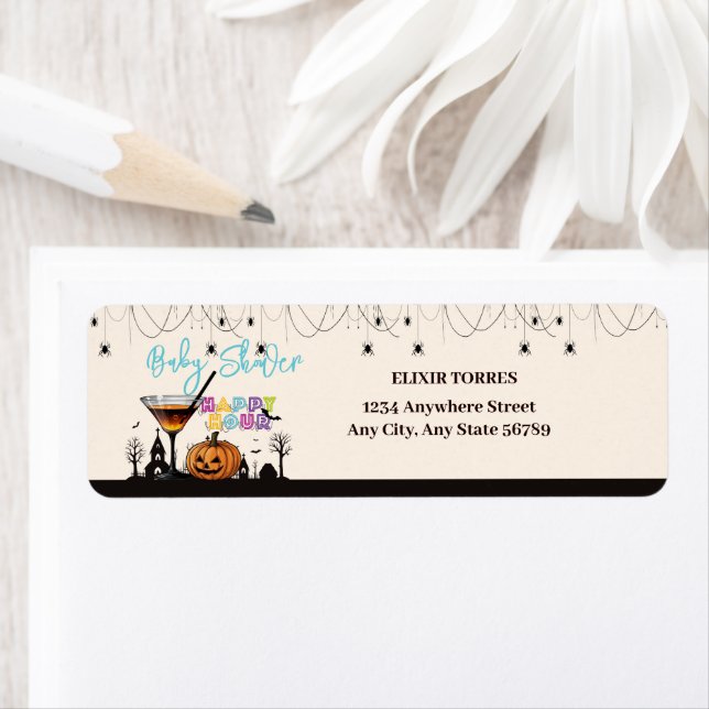 Halloween Happy Hour Pumpkin Cocktail Baby Shower Label (Insitu)