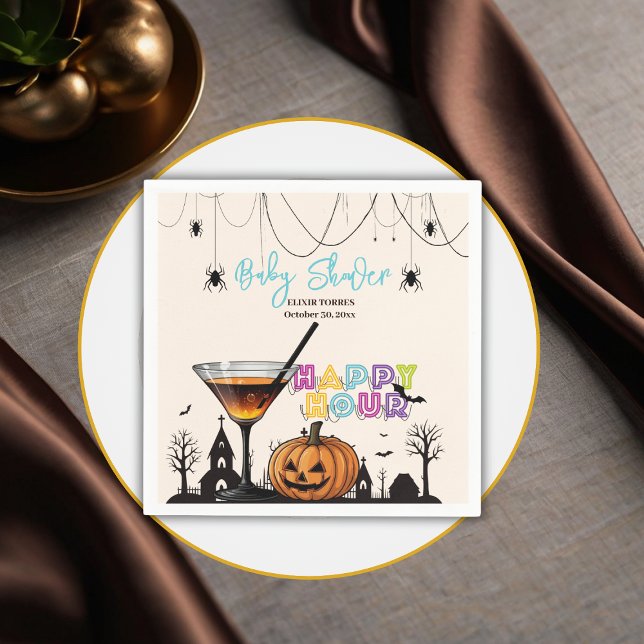 Halloween Happy Hour Pumpkin Cocktail Baby Shower Napkins (Creator Uploaded)