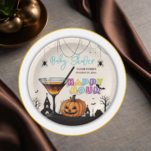 Halloween Happy Hour Pumpkin Cocktail Baby Shower Paper Plates