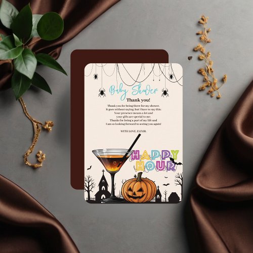 Halloween Happy Hour Pumpkin Cocktail Baby Shower Thank You Card