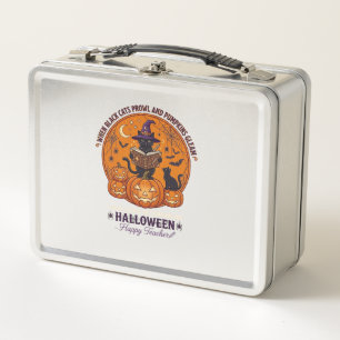 Halloween Happy Teacher Black Cat Witch Hat Pumpki Metal Lunch Box