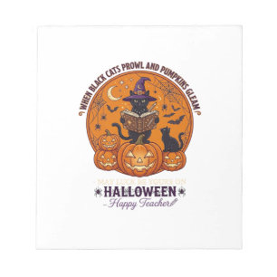 Halloween Happy Teacher Black Cat Witch Hat Pumpki Notepad