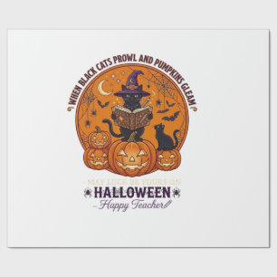 Halloween Happy Teacher Black Cat Witch Hat Pumpki Wrapping Paper