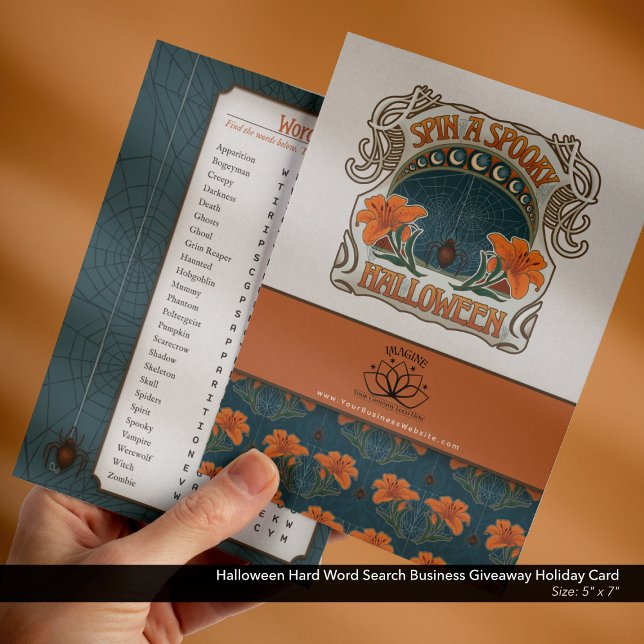 Halloween Hard Word Search Business Giveaway Holiday Card (Halloween Business Freebie Giveaway Holiday Card with Logo and Website–Difficult Word Search )