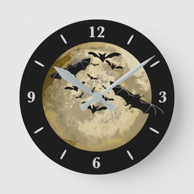 Halloween Harvest Full Moon And Night Flight Bats Round Clock (Front)