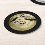Halloween Harvest Full Moon And Night Flight Bats Round Paper Coaster<br><div class="desc">Coasters decorative tabletop protectors for beverage drinking cups and glassware etc. printed with a Halloween Harvest Full Moon And Night Flight Bats hand drawn graphic artwork drawing design illustration by TheFabricSeal print on demand shop at Zazzle.com #ZazzleMade ©️Original. https://www.zazzle.com/store/thefabricseal This Halloween classic looking vintage style art piece features a creamy...</div>