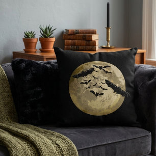 Halloween Harvest Full Moon And Night Flight Bats Throw Pillow
