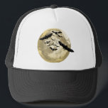 Halloween Harvest Full Moon And Night Flight Bats  Trucker Hat<br><div class="desc">Custom Trucker Style Baseball Hat In Black And White Colors casual fun fashion statement accessory printed with a Halloween Harvest Full Moon And Night Flight Bats hand drawn graphic artwork drawing design illustration by TheFabricSeal print on demand shop at Zazzle.com #ZazzleMade ©️Original. https://www.zazzle.com/store/thefabricseal This Halloween classic looking vintage style art...</div>