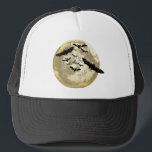 Halloween Harvest Full Moon And Night Flight Bats  Trucker Hat<br><div class="desc">Custom Trucker Style Baseball Hat In Black And White Colors casual fun fashion statement accessory printed with a Halloween Harvest Full Moon And Night Flight Bats hand drawn graphic artwork drawing design illustration by TheFabricSeal print on demand shop at Zazzle.com #ZazzleMade ©️Original. https://www.zazzle.com/store/thefabricseal This Halloween classic looking vintage style art...</div>
