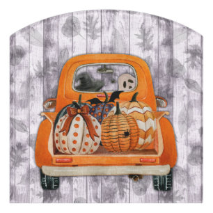 Halloween harvest orange pickup truck with pumpkin door sign