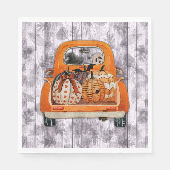 Halloween harvest orange pickup truck with pumpkin napkins (Front)