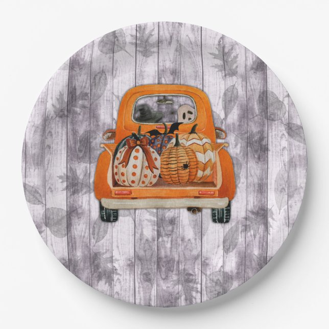 Halloween harvest orange pickup truck with pumpkin paper plates (Front)