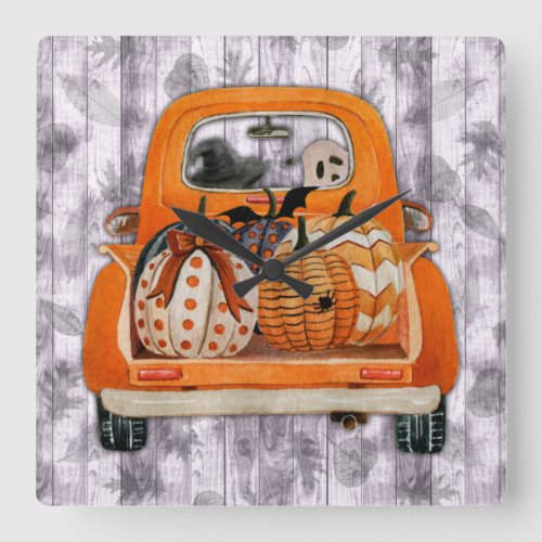 Halloween harvest orange pickup truck with pumpkin square wall clock