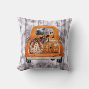 Halloween harvest orange pickup truck with pumpkin throw pillow