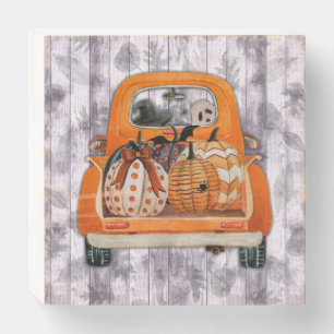 Halloween harvest orange pickup truck with pumpkin wooden box sign