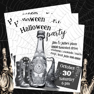 Halloween Hat Boots Spider and Champagne Bottle Invitation