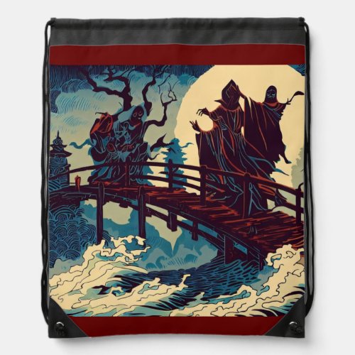 Halloween _ Haunted Bridge Woodcut 1 Drawstring Bag