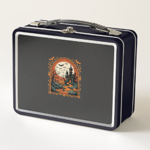 Halloween Haunted Castle Pumpkin Moon Vector Art Metal Lunch Box