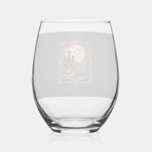 Halloween Haunted Castle Pumpkin Moon Vector Art Stemless Wine Glass