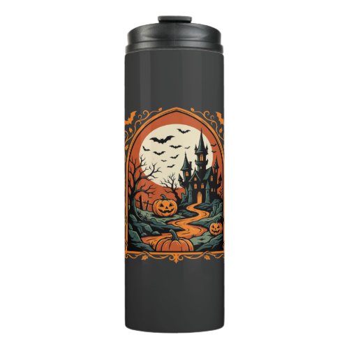 Halloween Haunted Castle Pumpkin Moon Vector Art Thermal Tumbler
