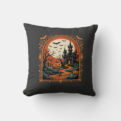 Halloween Haunted Castle Pumpkin Moon Vector Art Throw Pillow