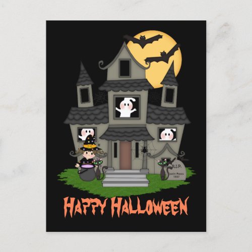 Halloween haunted house and little witch black postcard