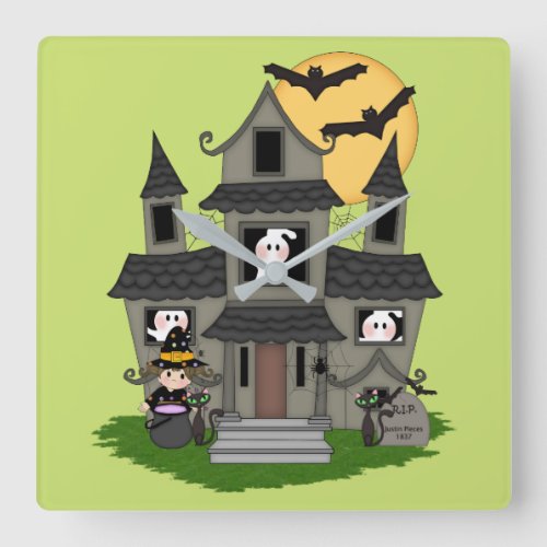 Halloween haunted house and little witch green square wall clock