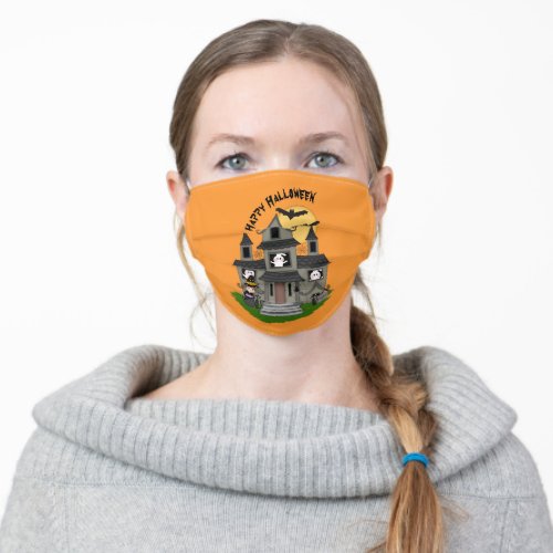 Halloween haunted house and little witch orange adult cloth face mask