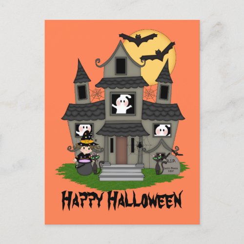 Halloween haunted house and little witch orange postcard