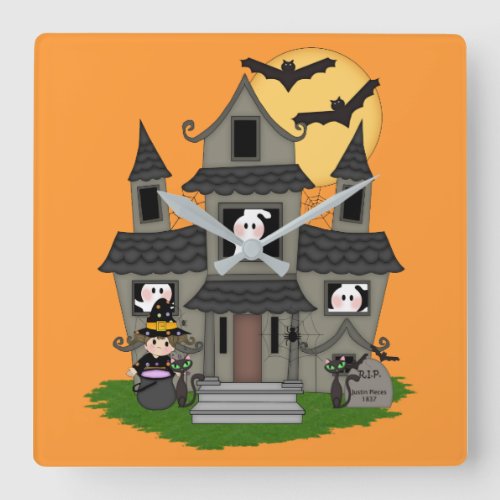 Halloween haunted house and little witch orange square wall clock