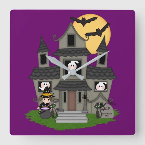 Halloween haunted house and little witch purple square wall clock