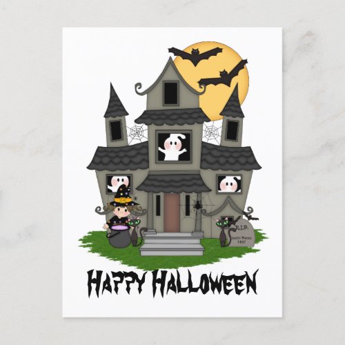 Halloween haunted house and little witch white postcard