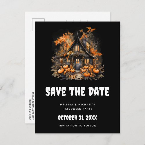 Halloween Haunted House and Pumpkins Save the Date Invitation Postcard