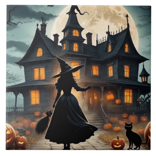 Halloween Haunted House and Witch  Ceramic Tile (Front)