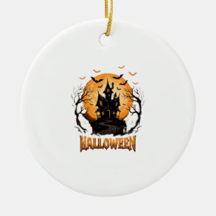 Halloween Haunted House Bat Moon Graphic Design Ceramic Ornament