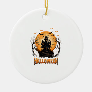 Halloween Haunted House Bat Moon Graphic Design Ceramic Ornament