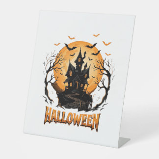 Halloween Haunted House Bat Moon Graphic Design Pedestal Sign