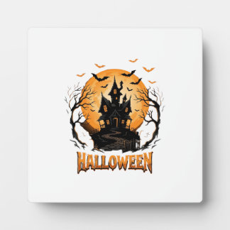 Halloween Haunted House Bat Moon Graphic Design Plaque