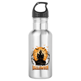 Halloween Haunted House Bat Moon Graphic Design Stainless Steel Water Bottle