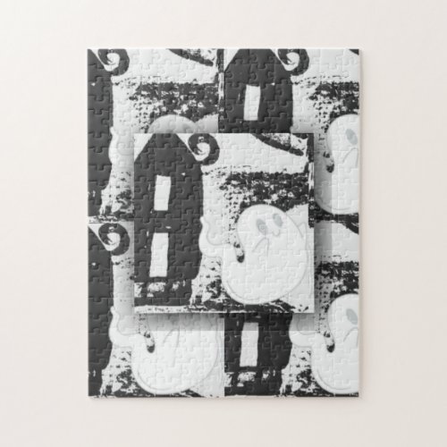 Halloween Haunted House black and white tile  Jigsaw Puzzle