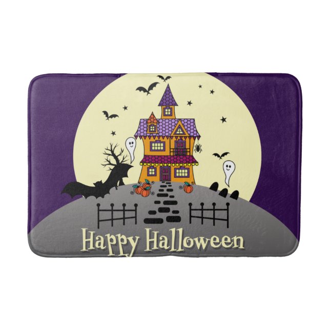 Halloween Haunted House Black Bat Full Moon Ghost Bath Mat (Front)