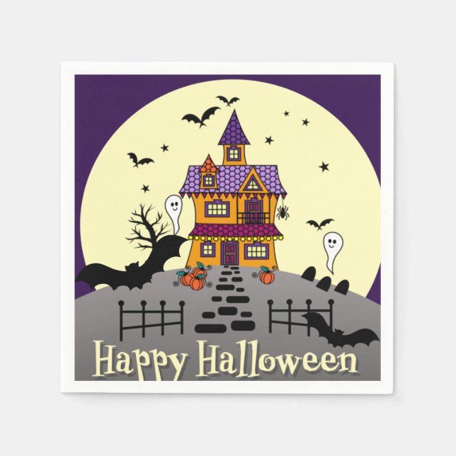 Halloween Haunted House Black Bat Full Moon Ghost Napkins (Front)