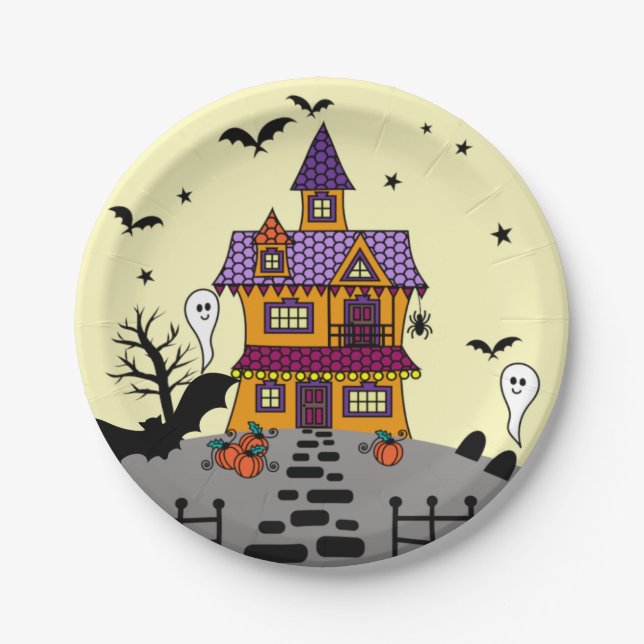 Halloween Haunted House Black Bat Full Moon Ghost Paper Plates (Front)