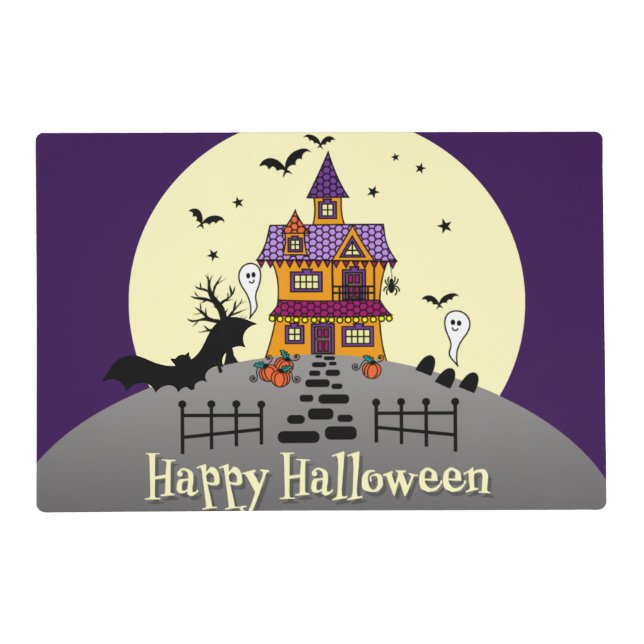 Halloween Haunted House Black Bat Full Moon Ghost Placemat (Front)