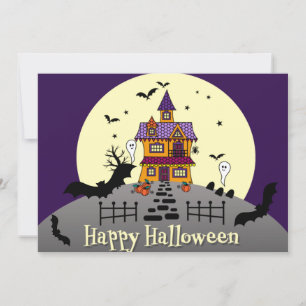 Halloween Haunted House Black Bat Full Moon Purple Invitation