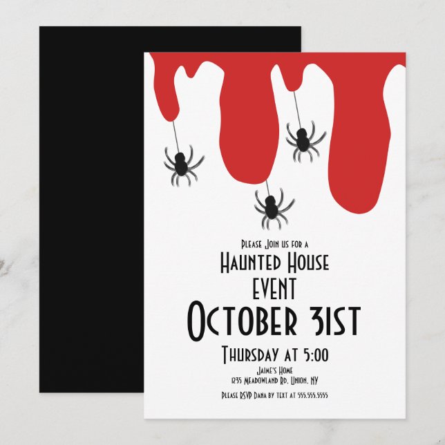 Halloween Haunted House Blood Spiders Invitation (Front/Back)