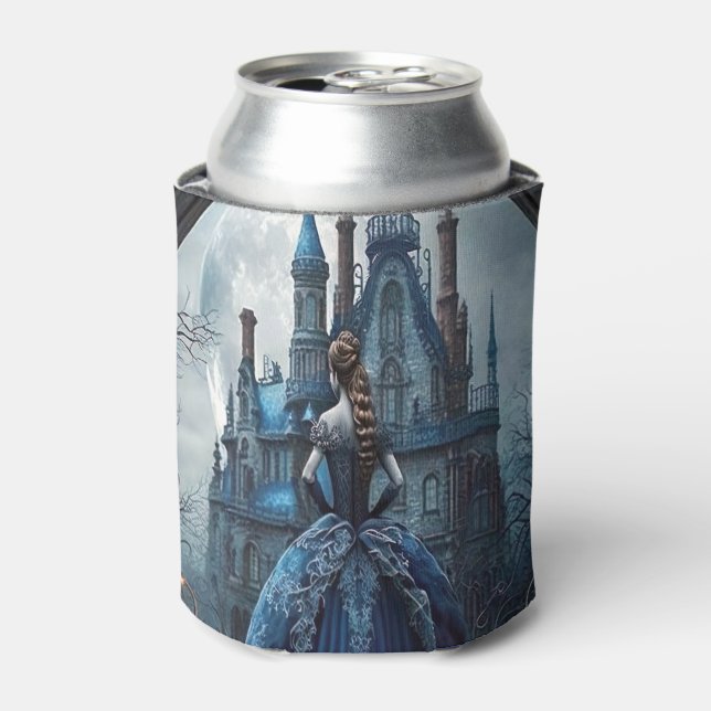 Halloween Haunted House Blue Night Scary Can Cooler (Can Front)