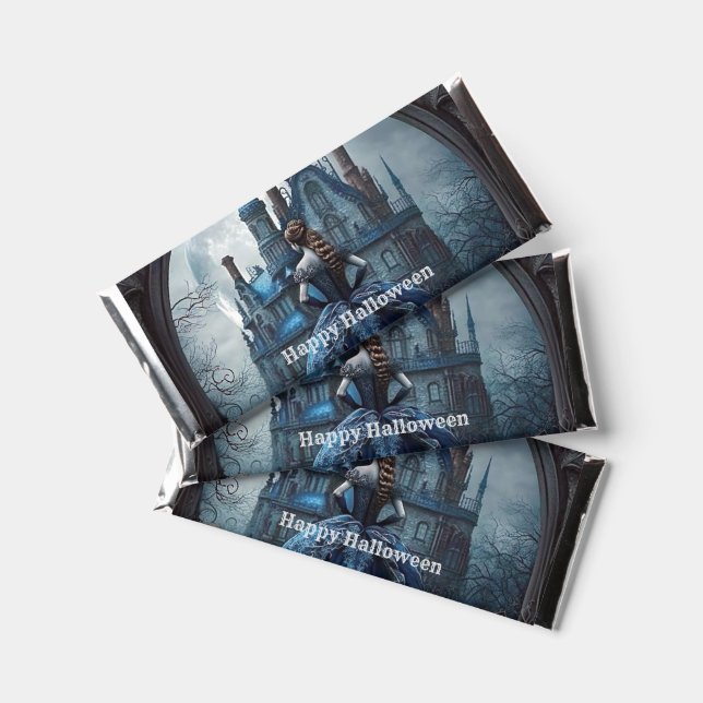 Halloween Haunted House Blue Night Scary Hershey Bar Favors (Front)