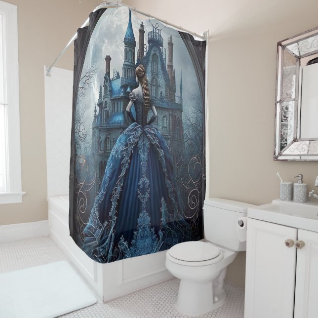 Halloween Haunted House Blue Night Scary Shower Curtain (In Situ)
